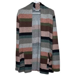 Egs Multi Colored Striped Suede Elbow Patch Open Cardigan with Pockets Size S/M